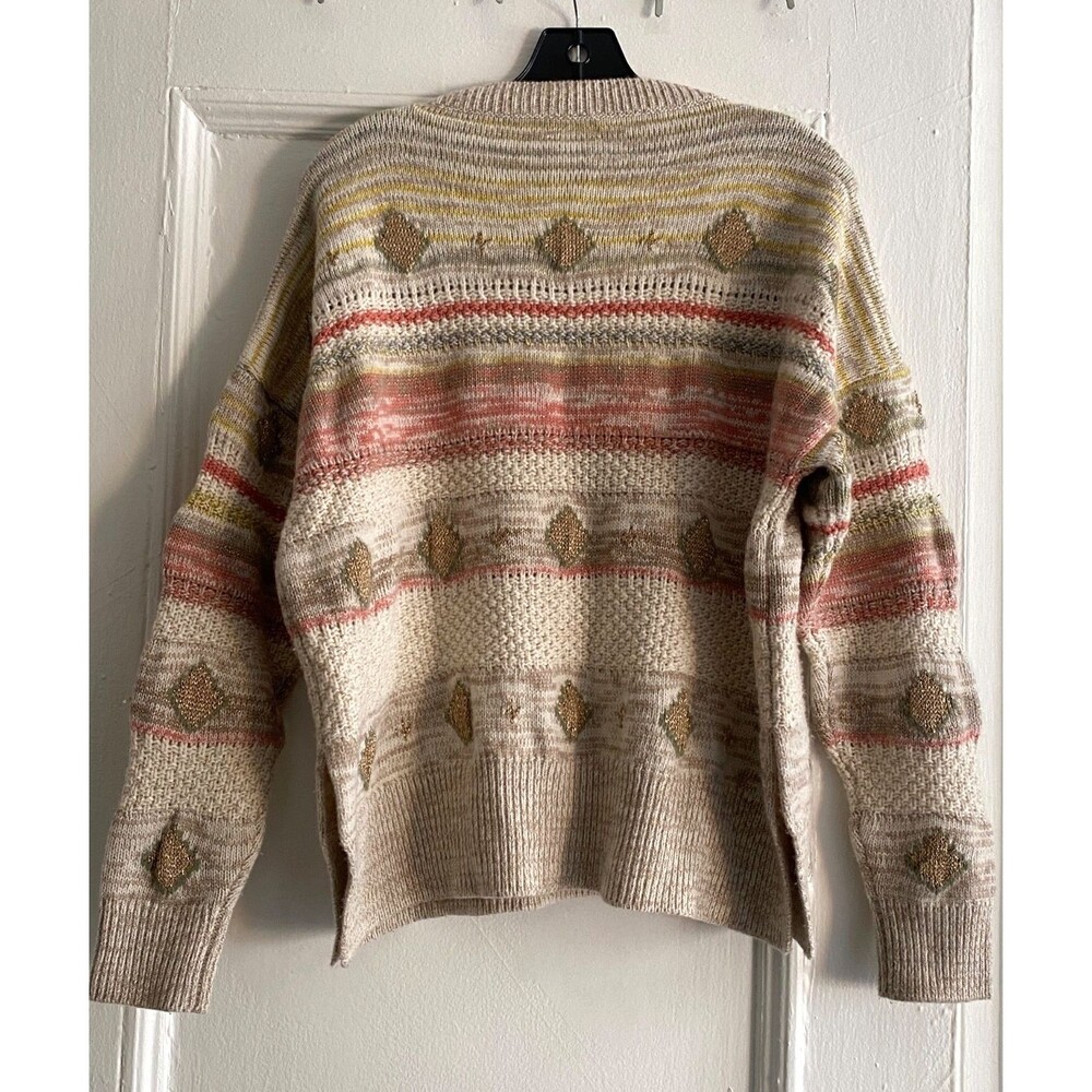 Etro Milano Textured Knit Sweater Gold Diamond Stripe Crew Boho Cottagecore Sz42 - Picture 4 of 12